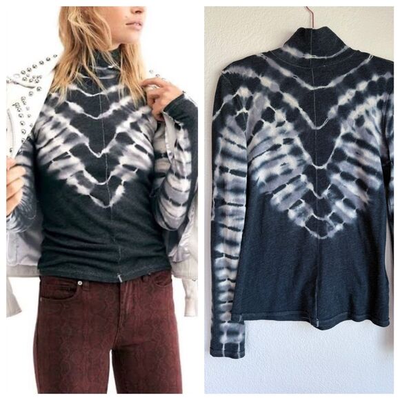 NWOT We the Free Psychedelic Mock Neck Tie Dye Long Sleeve Top in Black Gray M - Picture 1 of 15